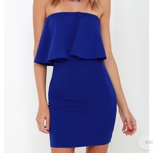 Strapless blue ruffle fitted mini dress